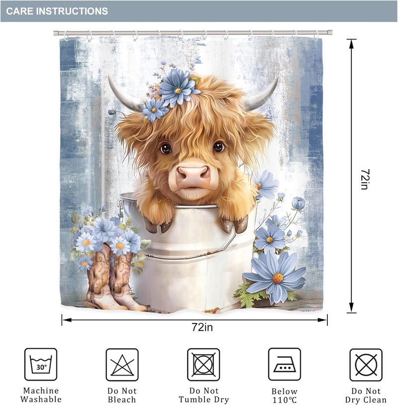 Riyidecor Funny Highland Cow 4Pcs Bathroom Shower Curtain Sets Blue Western Rustic Daisy Floral Bathroom Decor Set with Rugs and Accessories Cute Toilet Lid Rug, Contour and Bath Mat with 12 Hooks - Image 5