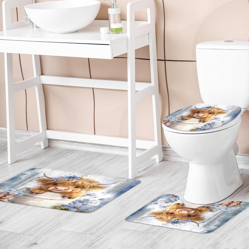 Riyidecor Funny Highland Cow 4Pcs Bathroom Shower Curtain Sets Blue Western Rustic Daisy Floral Bathroom Decor Set with Rugs and Accessories Cute Toilet Lid Rug, Contour and Bath Mat with 12 Hooks - Image 2