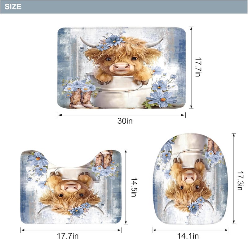 Riyidecor Funny Highland Cow 4Pcs Bathroom Shower Curtain Sets Blue Western Rustic Daisy Floral Bathroom Decor Set with Rugs and Accessories Cute Toilet Lid Rug, Contour and Bath Mat with 12 Hooks - Image 4