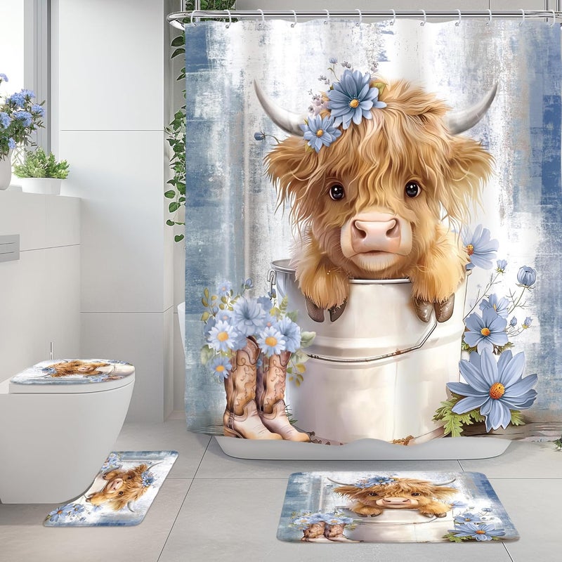 Riyidecor Funny Highland Cow 4Pcs Bathroom Shower Curtain Sets Blue Western Rustic Daisy Floral Bathroom Decor Set with Rugs and Accessories Cute Toilet Lid Rug, Contour and Bath Mat with 12 Hooks - Image 1