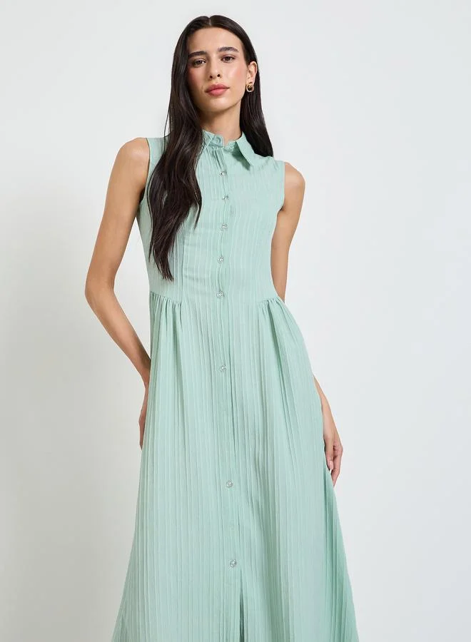 ستايلي Green Textured Sleeveless Shirt Midi Dress
