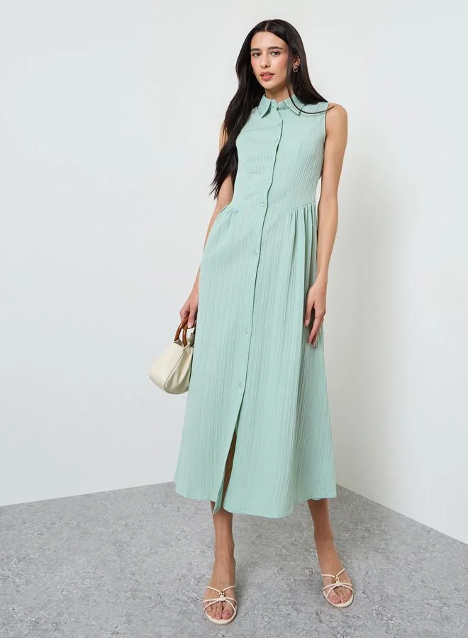 ستايلي Green Textured Sleeveless Shirt Midi Dress