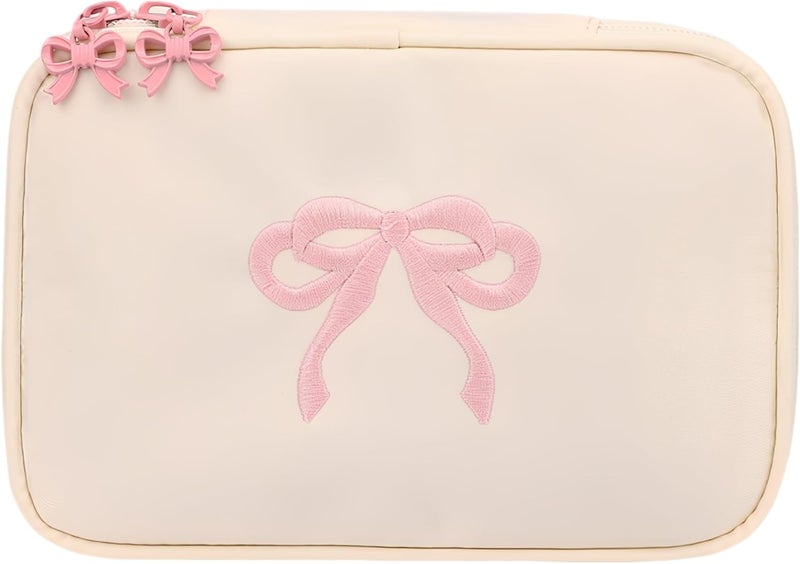 Cosmetics Pouch, Creamy White Travel Makeup Bag, 7.3 X 2.8 X 4.9 In, Waterproof Polyester With Embroidered Bow, Portable Organizer Case - Image 1