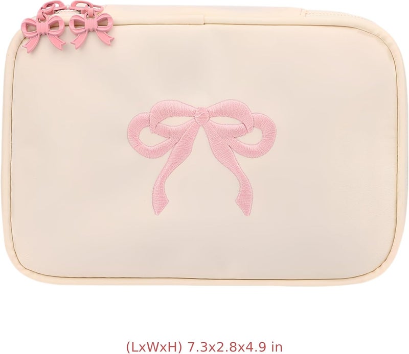 Cosmetics Pouch, Creamy White Travel Makeup Bag, 7.3 X 2.8 X 4.9 In, Waterproof Polyester With Embroidered Bow, Portable Organizer Case - Image 5