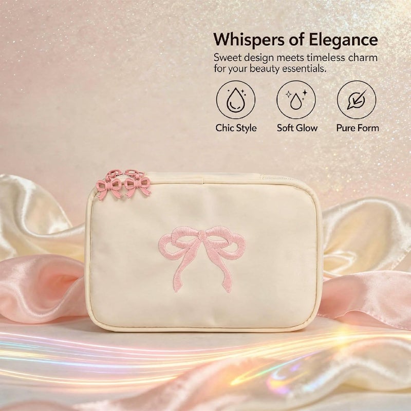 Cosmetics Pouch, Creamy White Travel Makeup Bag, 7.3 X 2.8 X 4.9 In, Waterproof Polyester With Embroidered Bow, Portable Organizer Case - Image 3
