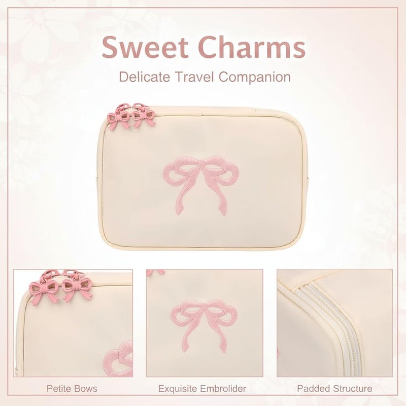 Cosmetics Pouch, Creamy White Travel Makeup Bag, 7.3 X 2.8 X 4.9 In, Waterproof Polyester With Embroidered Bow, Portable Organizer Case - Image 2