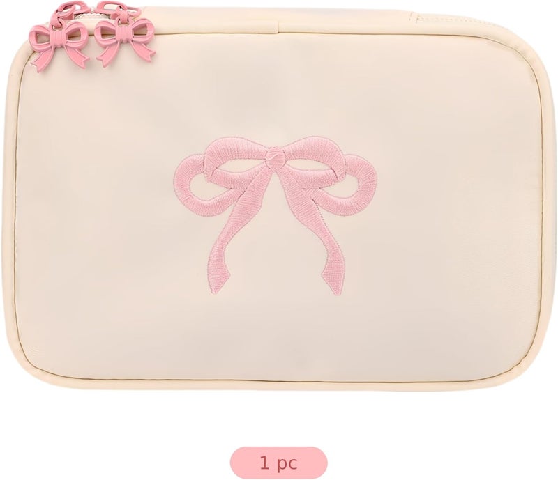 Cosmetics Pouch, Creamy White Travel Makeup Bag, 7.3 X 2.8 X 4.9 In, Waterproof Polyester With Embroidered Bow, Portable Organizer Case - Image 4