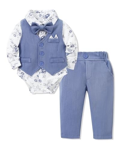 YALLET Baby Boy Clothes Suit 0-18 Months Infant Boy Gentleman Outfits, Dress Shirt+Bowtie+Vest+Pants Set Wedding Party Suits - Image 1