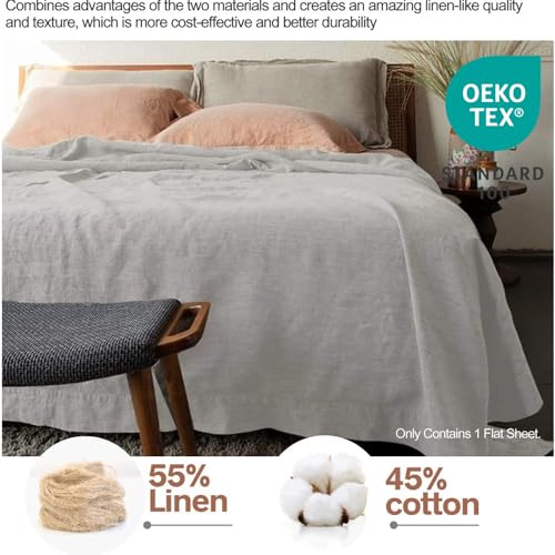 BISELINA Linen Sheet French Flax Flat Sheet Only 55% Euro Linen 45% Cotton Basic Style Solid Color Soft Breathable Farmhouse Top Sheet 1-Piece (King, Grey) - Image 2