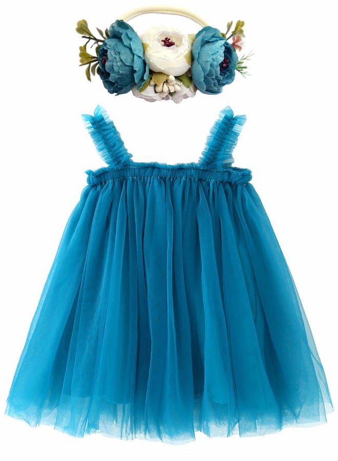BGFKS Layered Tulle Tutu Dress for Toddler Girls,Baby Girl Rainbow Tutu Princess Skirt Set with Flower Headband.(Blue,9 Months) - Image 1