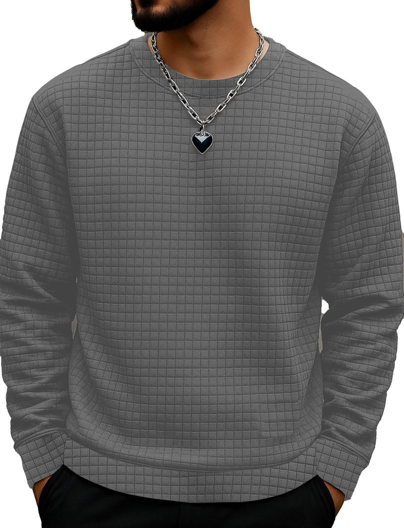 KAJARU Quilted Pattern Long Sleeve Sweatshirt, Round Neck, Men's Casual Pullover, Grey, Black, Beige (in, Alpha, L, Grey) - Image 1