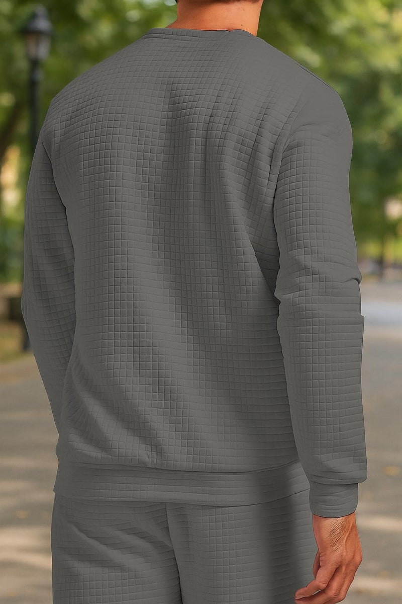 KAJARU Quilted Pattern Long Sleeve Sweatshirt, Round Neck, Men's Casual Pullover, Grey, Black, Beige (in, Alpha, L, Grey) - Image 3