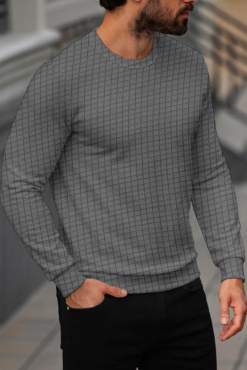 KAJARU Quilted Pattern Long Sleeve Sweatshirt, Round Neck, Men's Casual Pullover, Grey, Black, Beige (in, Alpha, L, Grey) - Image 5