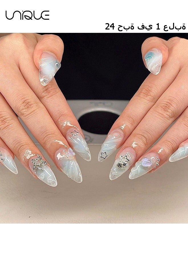 Unique 24Pcs Fake Nails, Press Nails, Mid-Almond Manicure - Light Blue Star Manicure with Diamonds - 3D Butterfly Peach Heart Nail Art - Fake Nail Patch - Image 1