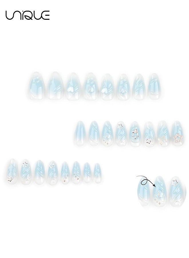 Unique 24Pcs Fake Nails, Press Nails, Mid-Almond Manicure - Light Blue Star Manicure with Diamonds - 3D Butterfly Peach Heart Nail Art - Fake Nail Patch - Image 4