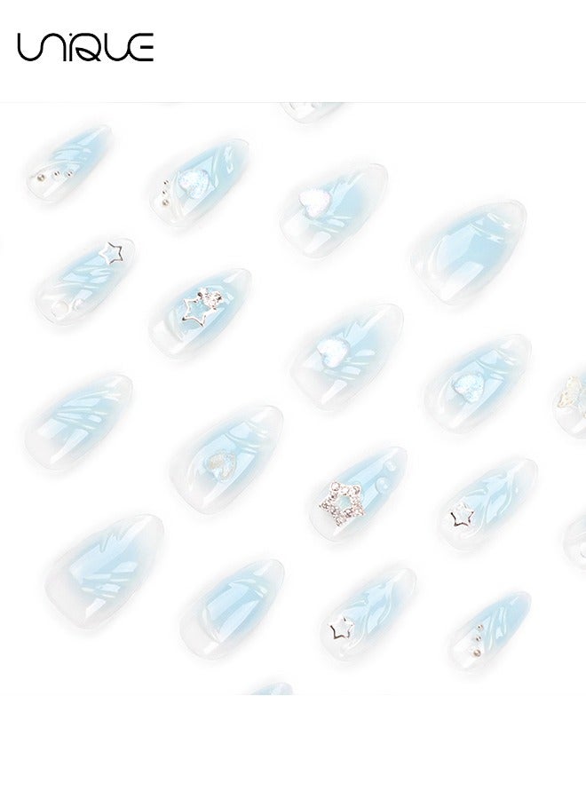 Unique 24Pcs Fake Nails, Press Nails, Mid-Almond Manicure - Light Blue Star Manicure with Diamonds - 3D Butterfly Peach Heart Nail Art - Fake Nail Patch - Image 2
