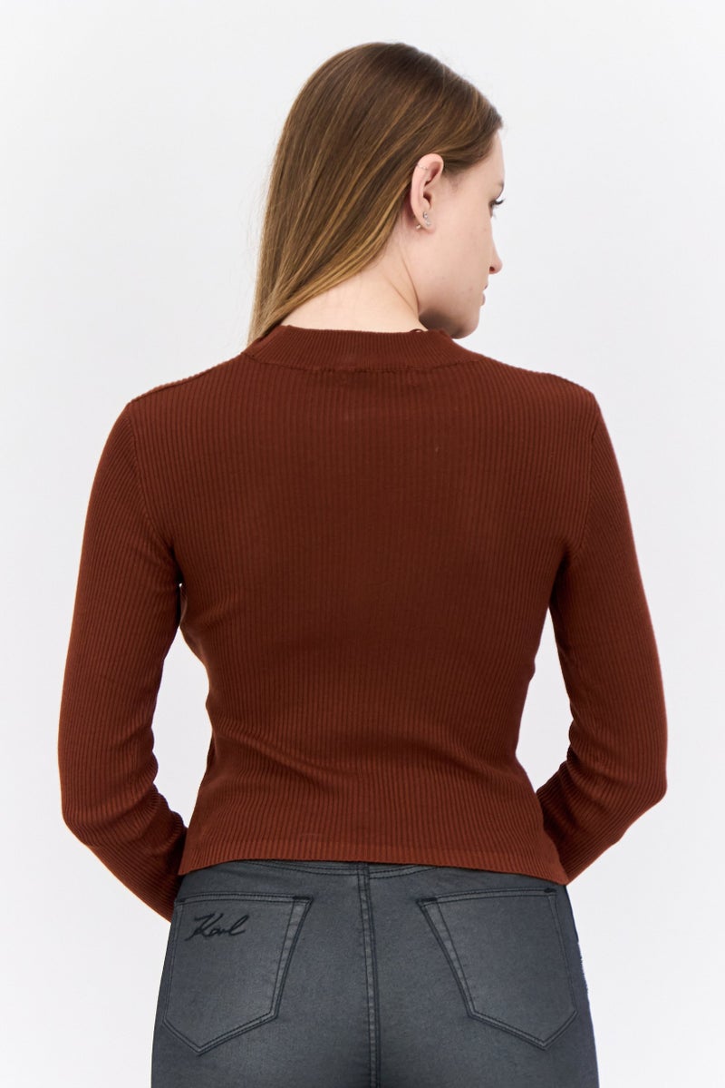 Threadbare Women Petite Mock Neck Long Sleeves Ribbed Top, Chocolate Brown - Image 3