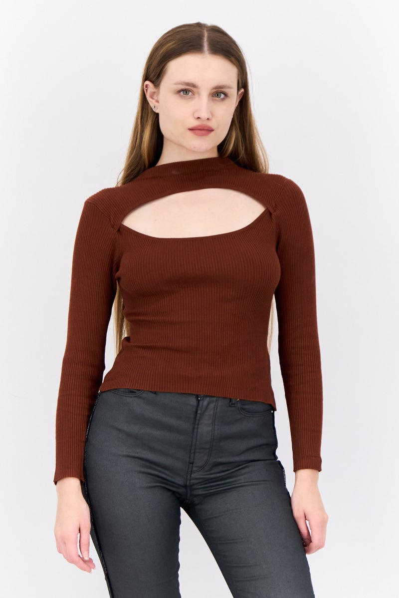 Threadbare Women Petite Mock Neck Long Sleeves Ribbed Top, Chocolate Brown - Image 1