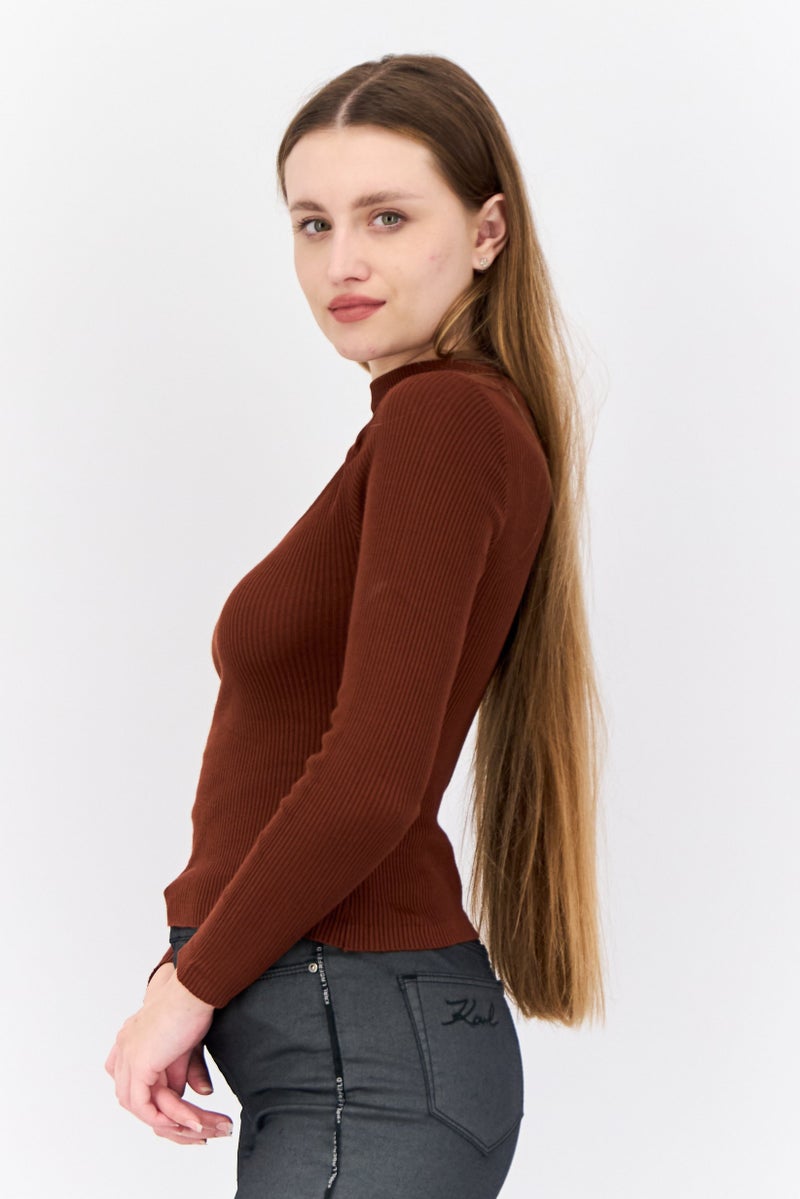 Threadbare Women Petite Mock Neck Long Sleeves Ribbed Top, Chocolate Brown - Image 2