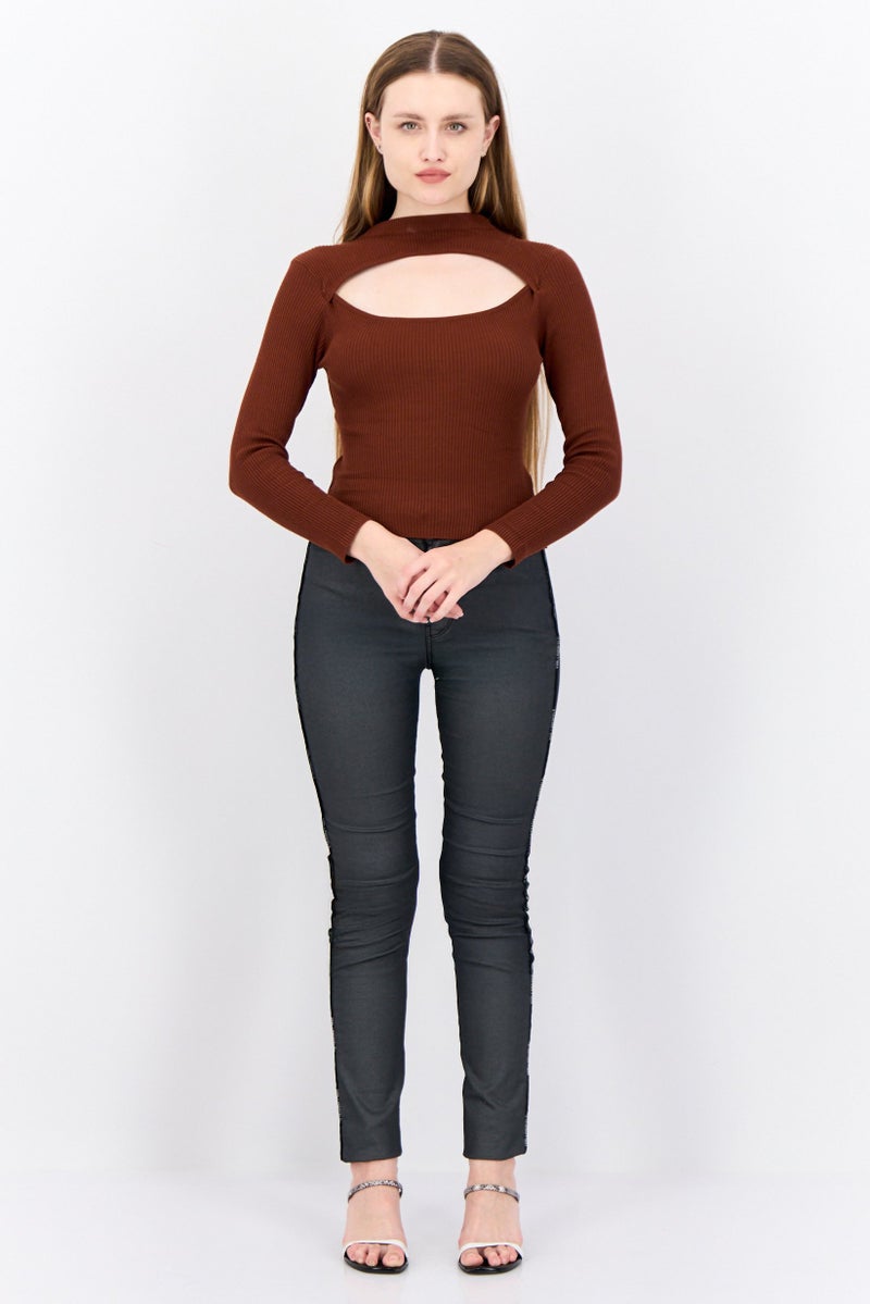 Threadbare Women Petite Mock Neck Long Sleeves Ribbed Top, Chocolate Brown - Image 4