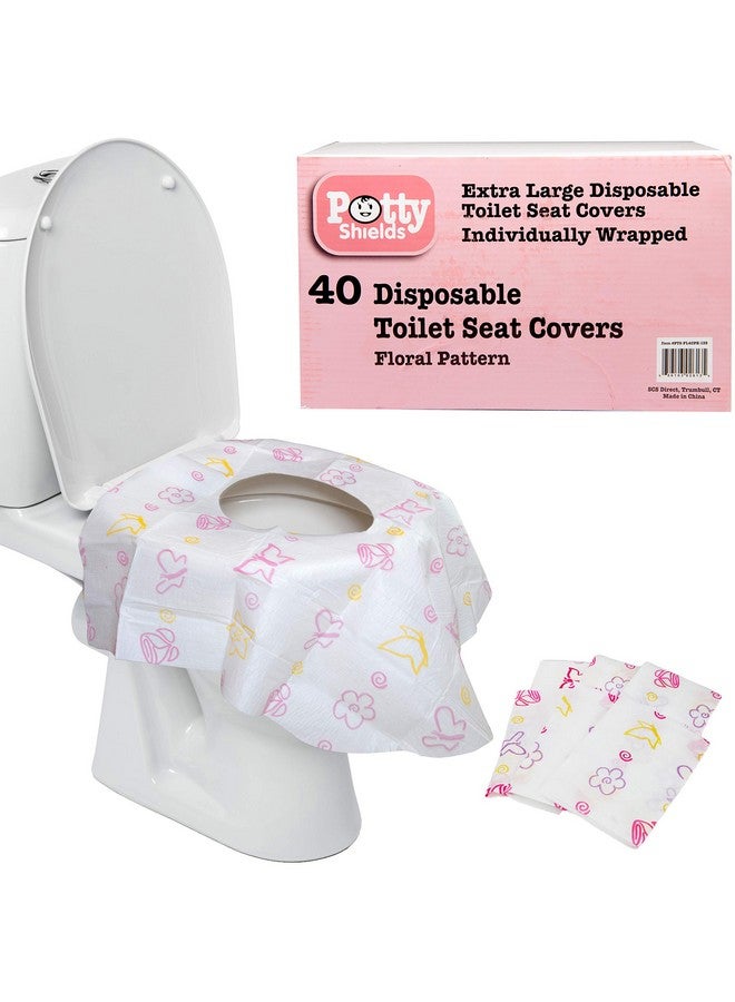 Potty Shields أغطية مقاعد المرحاض القابلة للتصرف (40 عبوة، مزهر) - غطاء مرحاض XL مقاوم للماء للأطفال، والكبار - محمول ومغلف بشكل فردي للسفر، تدريب الأطفال على استخدام المرحاض والحمامات العامة - Image 1