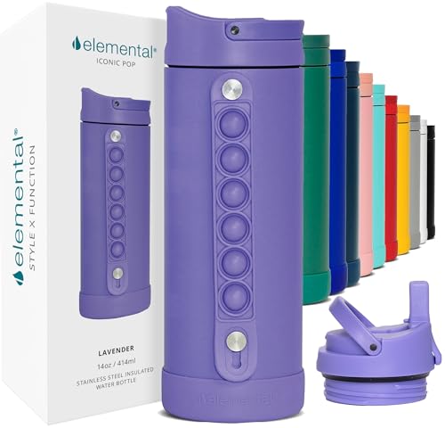 Elemental Iconic Kids Water Bottle with Straw Lid  Stress Relief Pop It Handle LeakProof When Closed Triple Insulated Kids Stainless Steel Water Bottle For Girls and Boys 14oz  Lavender
