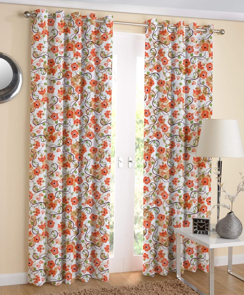 AIRWILL Cotton Floral Door Curtain 4x7ft Orange Pack of 2 - Image 1