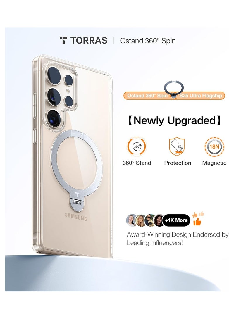 حامل مغناطيسي دوار 360° لحافظة سامسونج جالاكسي S25 ألترا، مناسب لماغسيف، حافظة واقية رقيقة من PC مع قاعدة وحامل حلقة، أوستاند سبين، شفاف - Image 2