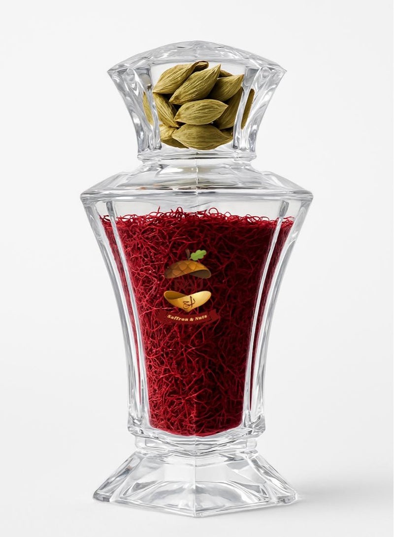 Raj Saffrons & Nuts 10g Super Negin Iranian Saffron – Pure Premium Quality Threads  With  Queen of Spices “Premium Cardamom” in Elegant Crystal  Design Decorative Jar - Image 1