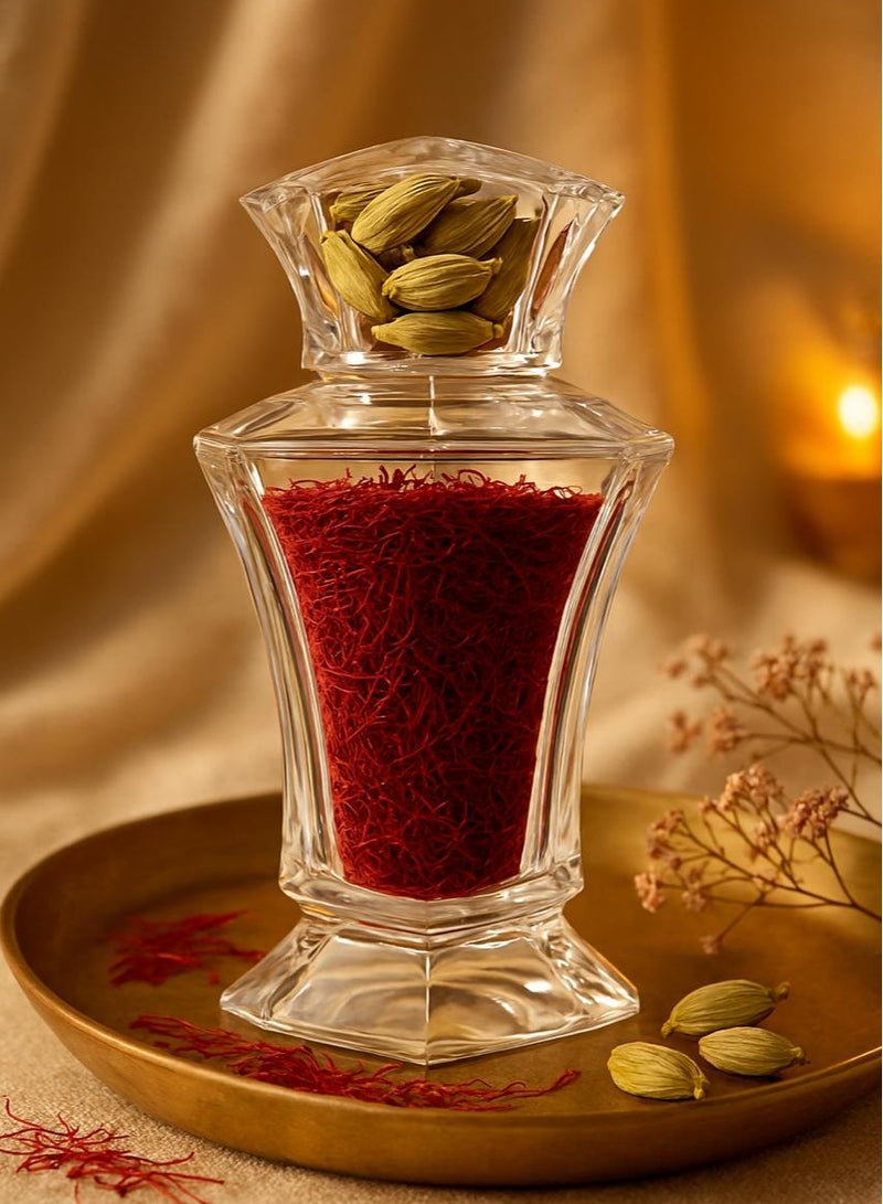Raj Saffrons & Nuts 10g Super Negin Iranian Saffron – Pure Premium Quality Threads  With  Queen of Spices “Premium Cardamom” in Elegant Crystal  Design Decorative Jar - Image 2