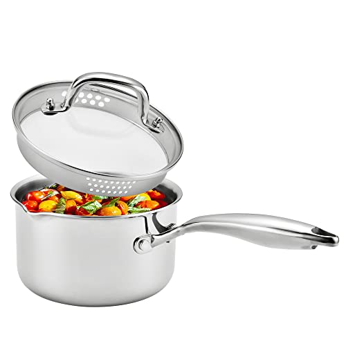 Cyrosa 4 Quart Saucepan with Strainer Lid, Stainless Steel Sauce Pot, Sauce Pan for Stove Top, Two Side Spouts for Easy Pour, Dishwasher Safe - Image 1
