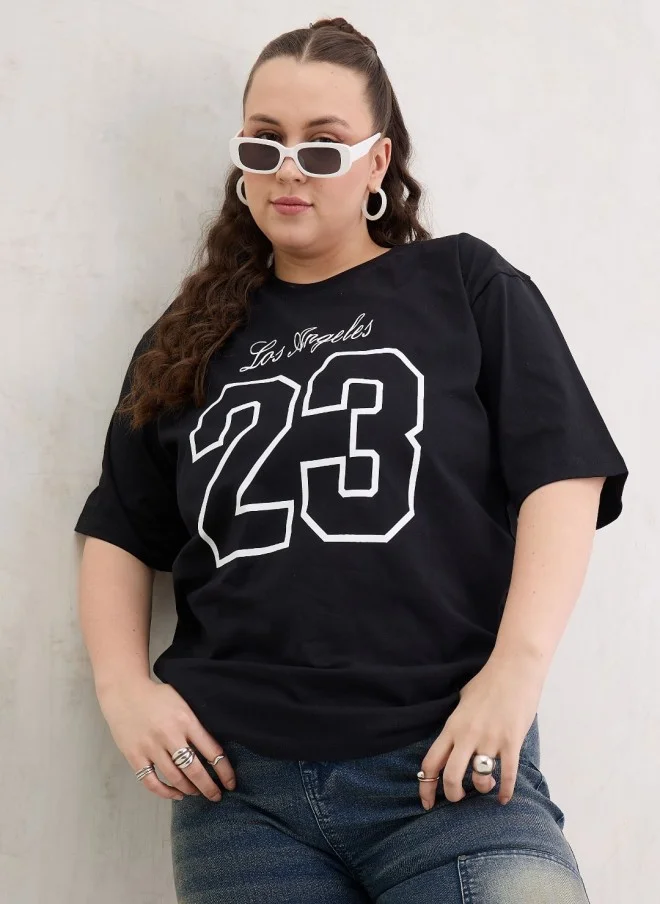 SASSAFRAS Black Typography Printed Oversized T-Shirt for Women