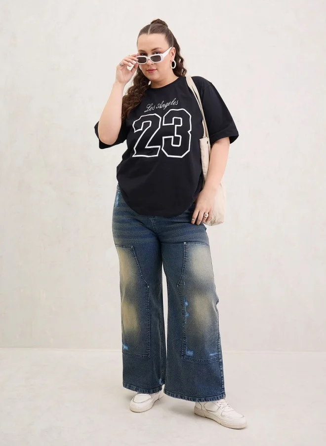 SASSAFRAS Black Typography Printed Oversized T-Shirt for Women