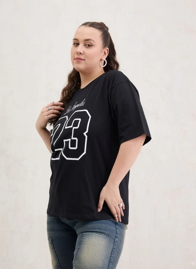 SASSAFRAS Black Typography Printed Oversized T-Shirt for Women
