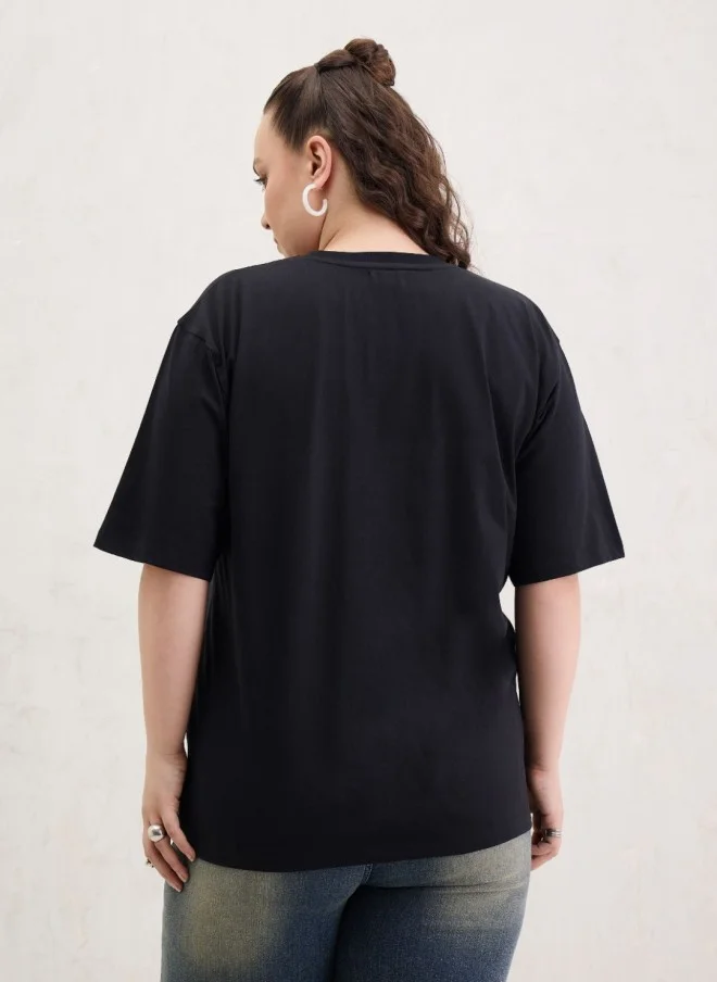 SASSAFRAS Black Typography Printed Oversized T-Shirt for Women