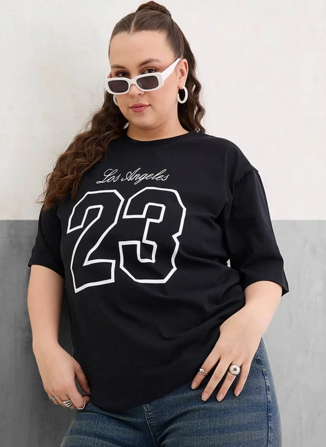 SASSAFRAS Black Typography Printed Oversized T-Shirt for Women