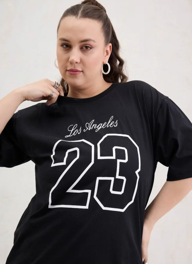 SASSAFRAS Black Typography Printed Oversized T-Shirt for Women