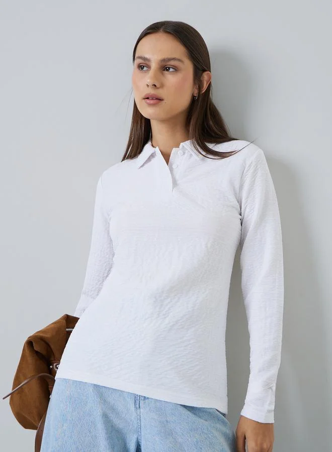 Styli White Long Sleeve Textured Knit Top