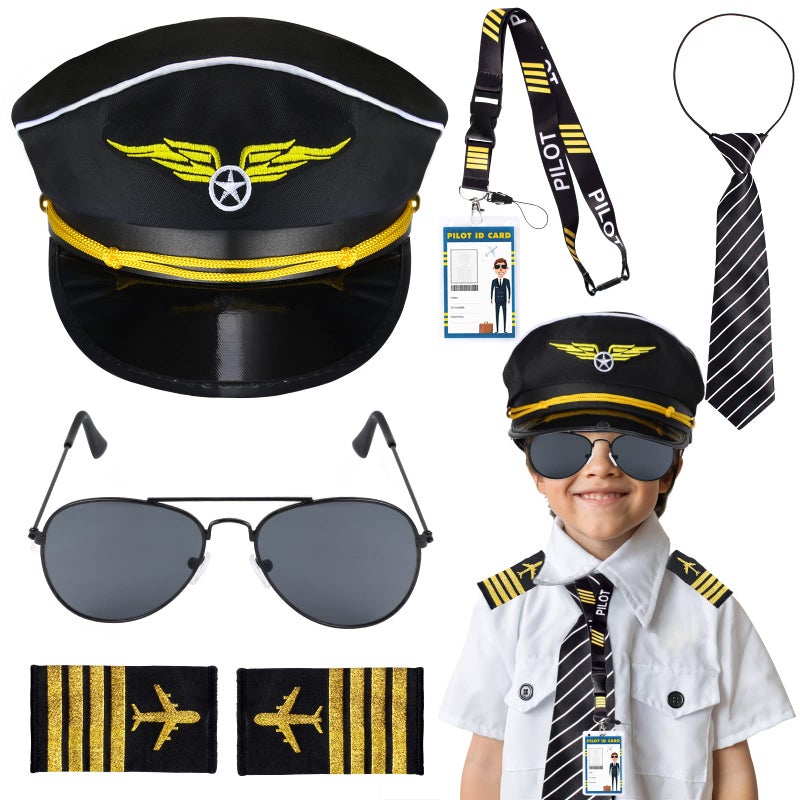 Keymall Kids Pilot Costume Accessories Set With Aviator Hat Sunglasses Tie Pin for Aviation Halloween Dress Up - Image 2