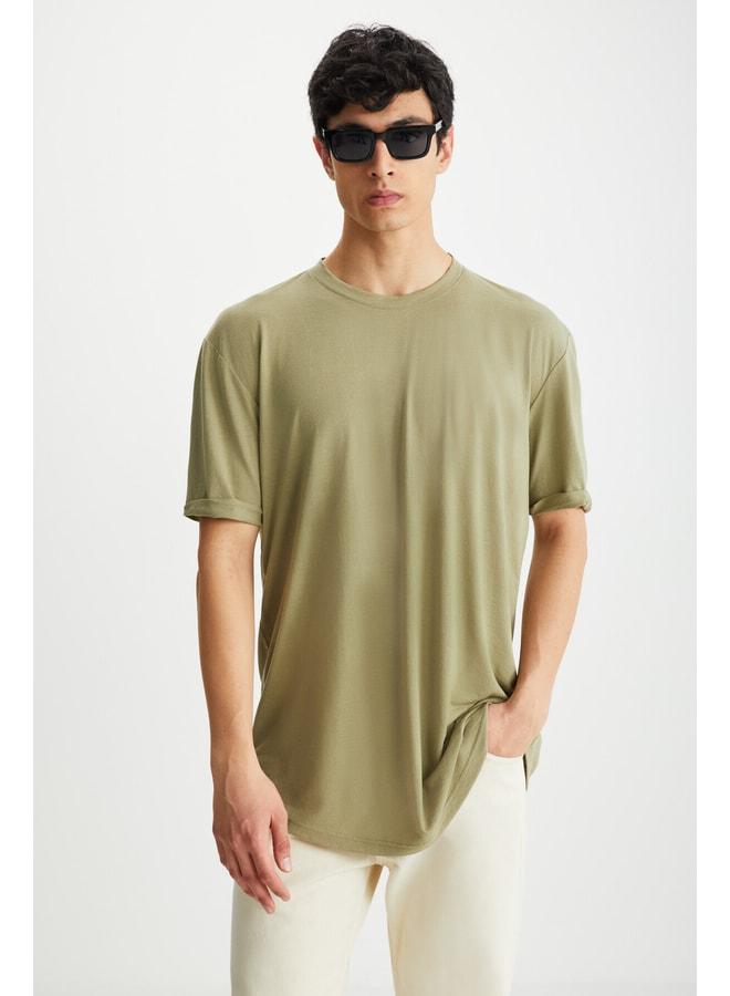GRIMELANGE Oscar Men's Comfort Fit Long Drop Shoulder Khaki T‑shirt - Image 1