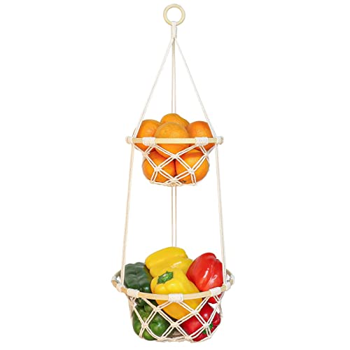 ANROYE 2 Tier Macrame Hanging Fruit Basket, Boho Vegetable Holder for Kitchen Food Storage with Hook, Bohemian Cotton Produce Multi Organizer, Plant Hanger Decor for Home Living Room Women Christmas Gift - Image 1