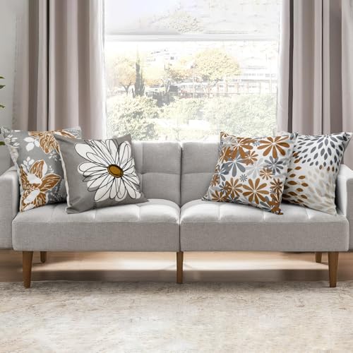 Baidast Brown Decorative Throw Pillow Covers 18x18 Set of 4 Brown and Grey Modern Daisy Floral Pillows Linen Pillow Covers for Couch Sofa Living Room - Image 3