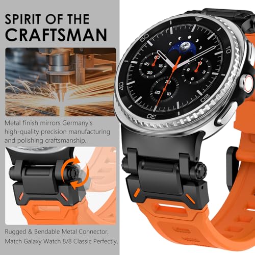 WINGLE Compatible for Galaxy Watch 8/8 Classic Band Samsung Galaxy Watch 8 44mm 40mm 46mm Men Sport Bands Military Rugged Durable Armor Silicone Rubber Strap Stainless Steel Metal Connector, Orange - Image 3