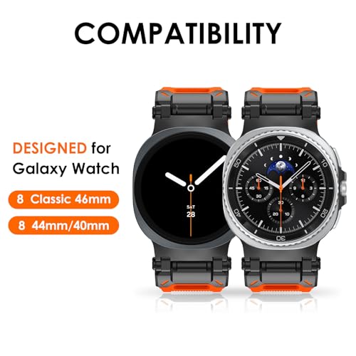 WINGLE Compatible for Galaxy Watch 8/8 Classic Band Samsung Galaxy Watch 8 44mm 40mm 46mm Men Sport Bands Military Rugged Durable Armor Silicone Rubber Strap Stainless Steel Metal Connector, Orange - Image 2