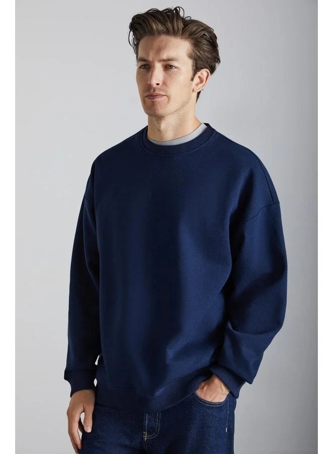 GRIMELANGE Stephan Men's Soft Fabric Organic Cotton Oversize Fit Crew Neck Navy Sweatshirt.