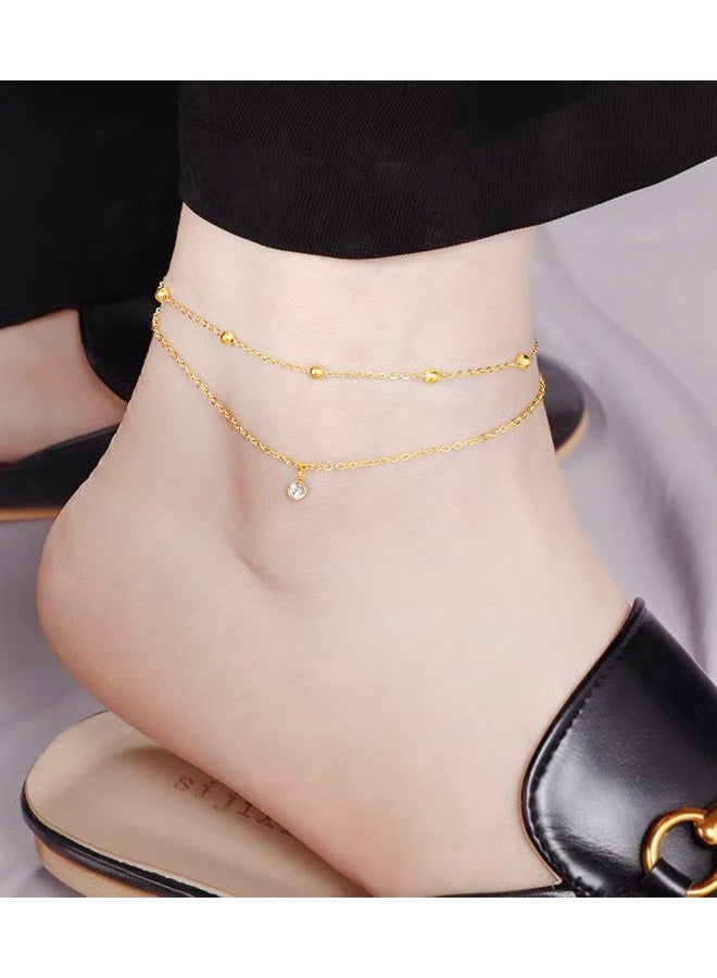 سوار كاحل مزدوج الطبقات من الصلب المعدني مُ بالذهب 18 كارات مع  زركوني متوهج مجسمات أنيقة راقية لارتداء يومي رحلات الشاطئ رحلات الأطوار ليالي المواعيد أيام البركة تجمعات الصيف مناسبات الفرح - Image 5