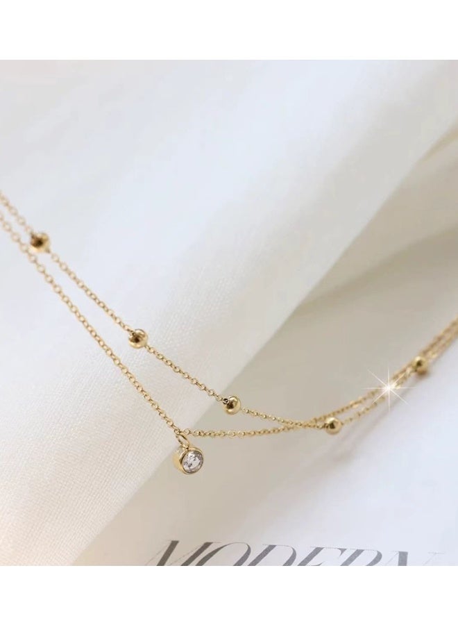 سوار كاحل مزدوج الطبقات من الصلب المعدني مُ بالذهب 18 كارات مع  زركوني متوهج مجسمات أنيقة راقية لارتداء يومي رحلات الشاطئ رحلات الأطوار ليالي المواعيد أيام البركة تجمعات الصيف مناسبات الفرح - Image 4