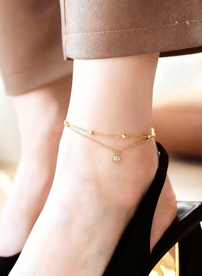 سوار كاحل مزدوج الطبقات من الصلب المعدني مُ بالذهب 18 كارات مع  زركوني متوهج مجسمات أنيقة راقية لارتداء يومي رحلات الشاطئ رحلات الأطوار ليالي المواعيد أيام البركة تجمعات الصيف مناسبات الفرح - Image 1