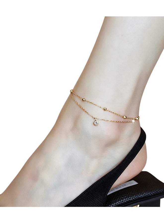 سوار كاحل مزدوج الطبقات من الصلب المعدني مُ بالذهب 18 كارات مع  زركوني متوهج مجسمات أنيقة راقية لارتداء يومي رحلات الشاطئ رحلات الأطوار ليالي المواعيد أيام البركة تجمعات الصيف مناسبات الفرح - Image 2