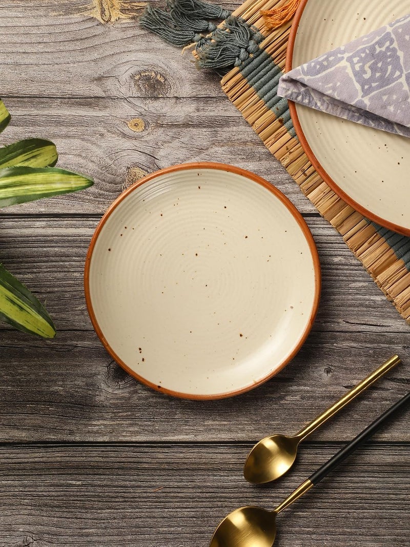 Miah Decor Ceramic Quarter Plates Small Dinner Plates Set of 4 Handcrafted Stoneware OffWhite with Brown Rim grains Serving Platter for Snacks Dessert Microwave and Dishwasher Safe Size 7 Inches - Image 2